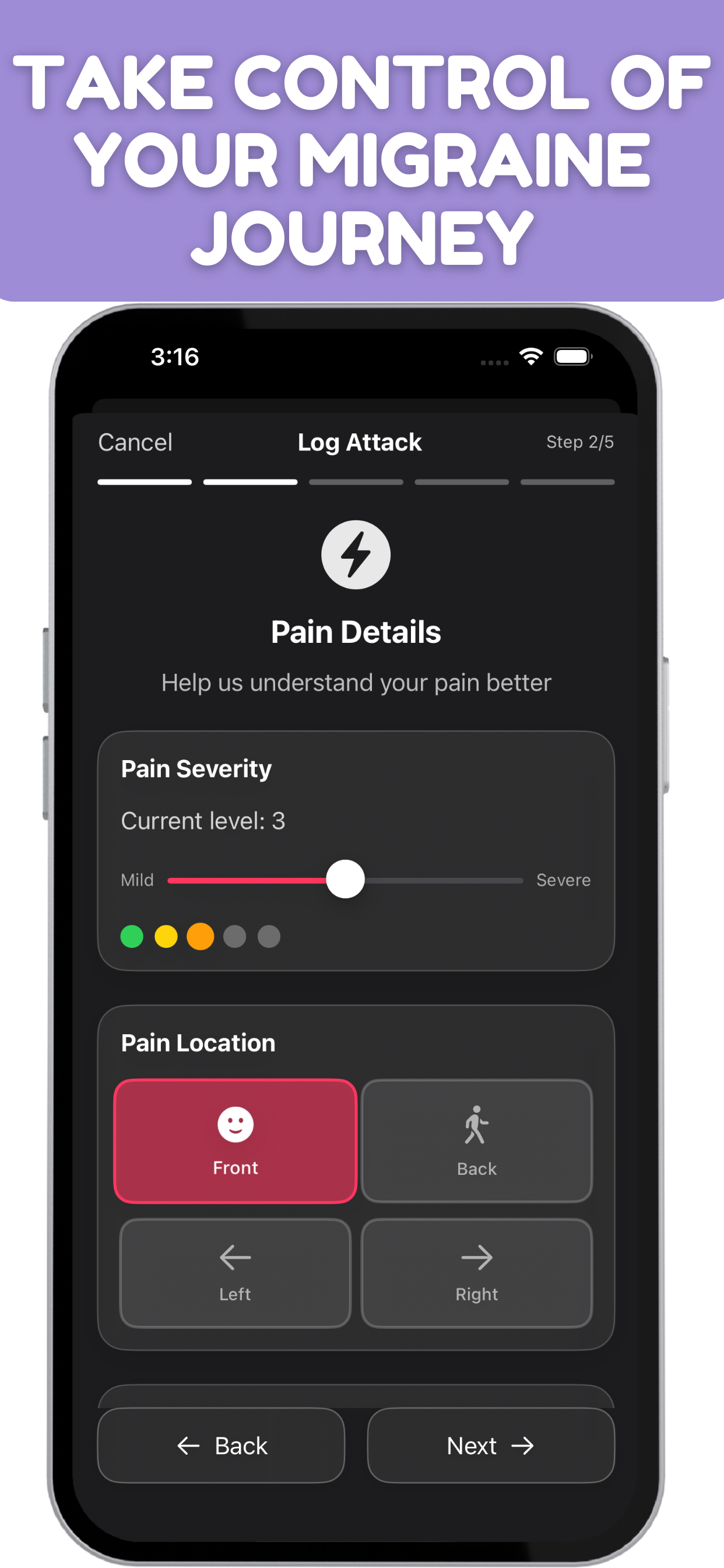 Migrio Log Attack - Easy migraine episode tracking with pain location mapping